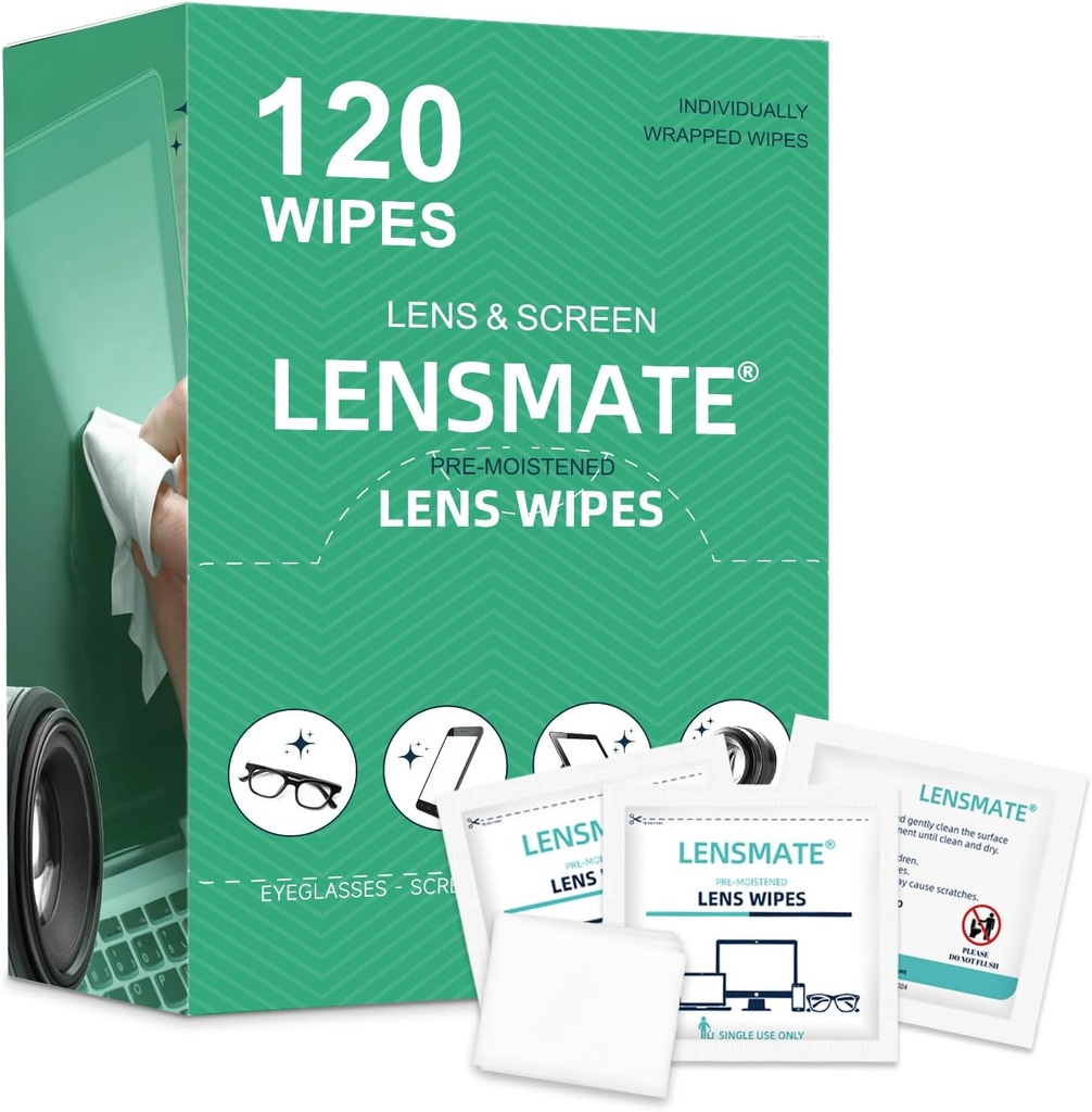 Lensmate 120 Count Lens Wipes for Eyeglasses, Pre-Moistened & Individually Wrapped Eyeglass Wipes, Lens Cleaning Wipes för glasögon, solglasögon, Goggles och kameralinser