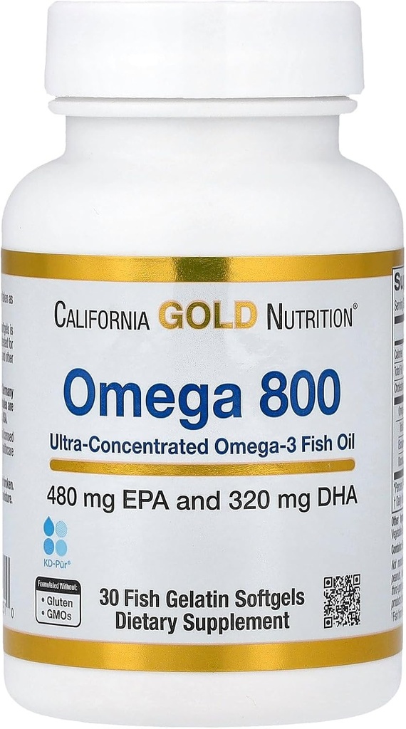 Kalifornien Gold Nutrition Omega 800 Ultra-Concentrated Omega-3 Fish Oil, kd-pur® Triglyceride Form, 30 Fish Gelatin Softgels (1 000 mg per Softgel)