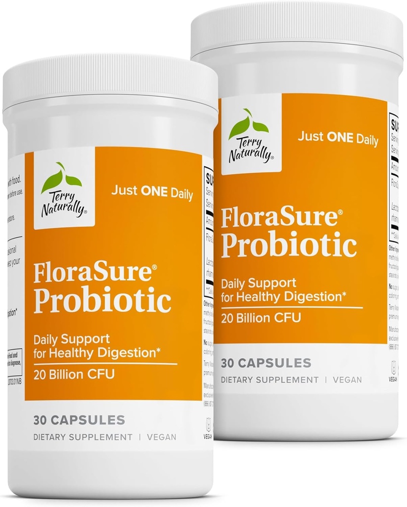 Terry Naturally FloraSure Probiotic - Digestion Supplement to Aid Against Occasional Bloating & Support Gas Relief - Gut Health Support med Bifidobacterium Bifidum - 30 kapslar (Pack of 2)
