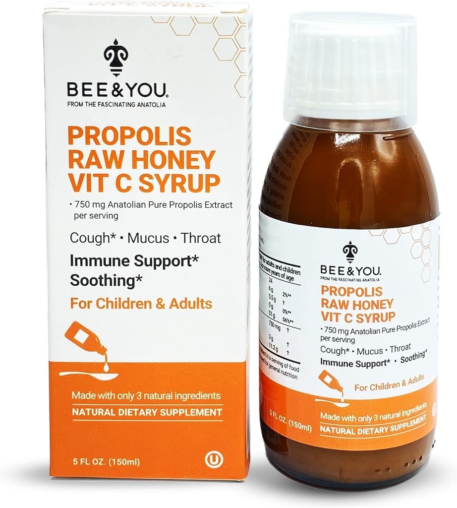 BEE och You Propolis Extract Cough Syrup w / Vitamin C, Soothing Honey, Natural Immune Support, Sore Throat Relief, Antioxidants, för barn & vuxna, 5 Fl Oz, för män och kvinnor