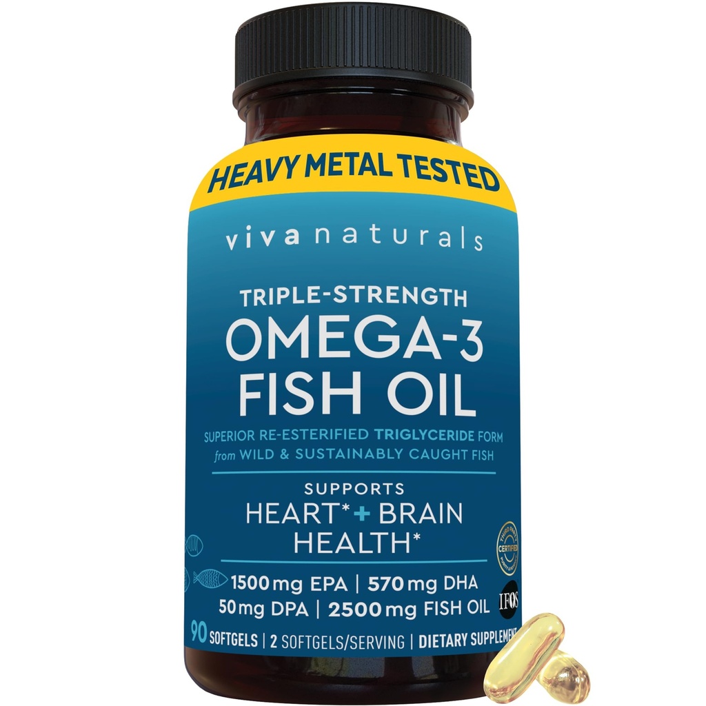 Viva Naturals Triple Strength Omega 3 Fish Oil Pillerit 2500 mg High-Potency Formula 2250 mg Omega 3 rasvahapot (mukaan lukien EPA, DHA, DPA) rTG Form Absorption .