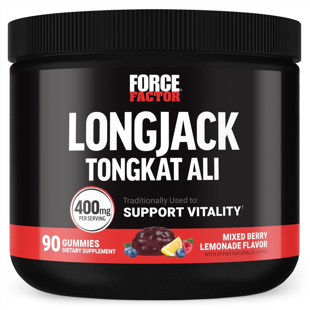 Force Factor Longjack Tongkat Ali Gummies, Tongkat Ali miehille tukemaan mies elinvoimaa ja ajaa, 400mg Tongkat Ali BioPerine, Mixed Berry Lemonade, 90 Gummies