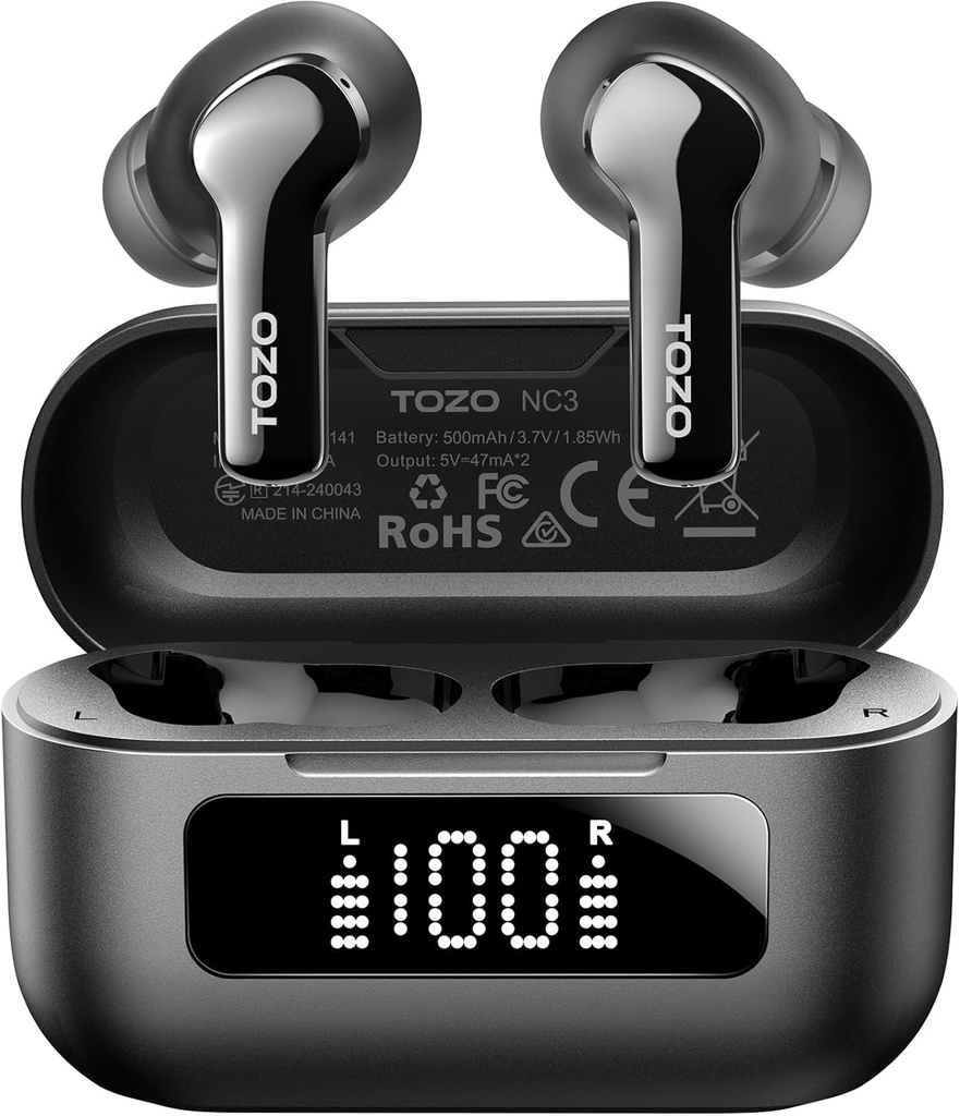 TOZO NC3 Hybrid Active Noise Cancelling Wireless Earbuds med 6 Mics AI Clear Call Ear Buds 55H Playtime med LED Display 32 Preset EQs via APP Bluetooth 5.3 IPX8 Vattentät i öronhörlurar