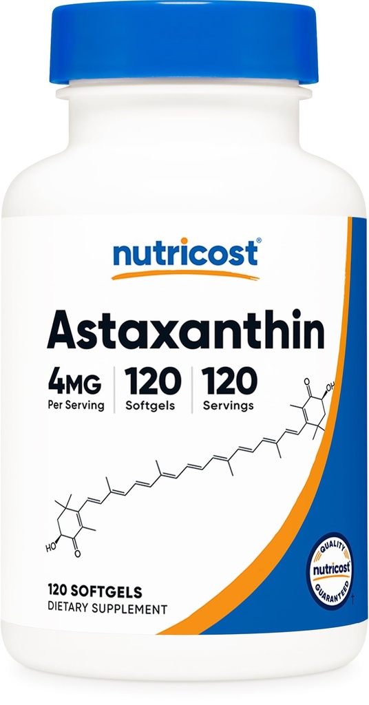 Nutricost Astaksantiini 4 mg, gluteeniton ja muu kuin GMO:ton, 120 Softgels (4 kuukauden toimitus)