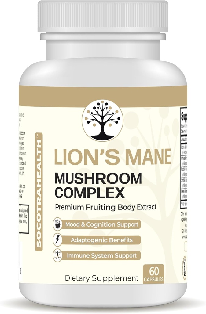 Lions Mane Mushroom Supplement - Premium Fruiting Body Extract - kanssa Chaga, Maitake, Shiitake, Reishi - Mieli, aivot ja immuuni tuki, Adaptogen - ei-GMO - 60 vegan kapselit
