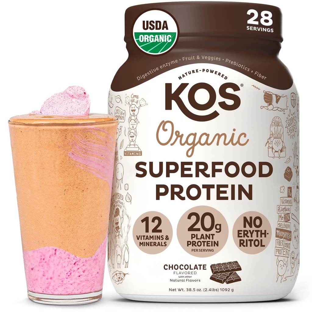 KOS Vegan Protein Powder Erytritol Free, Chocolate - Organic Pea Protein Blend, Plant Based Superfood Rich vitamiineja & Minerals - Keto, Dairy Free - Aterian korvaaminen naisten & miesten, 28 Tarjoukset
