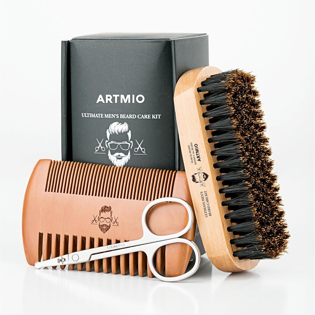 Parran harja, Comb ja sakset Set miesten parta hoito - Karju bristle hiukset harja & puinen kampa & ruostumaton sakset - Parran muotoilu, grooming & muotoilu työkalut