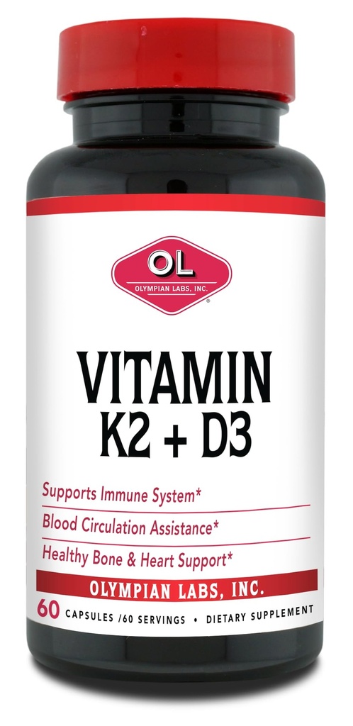 Olympian Labs K2-vitamiini + D3, 60 tarjoilua, tukee immuunijärjestelmää, luu- ja sydäntukea, 60 vegaanikapselia