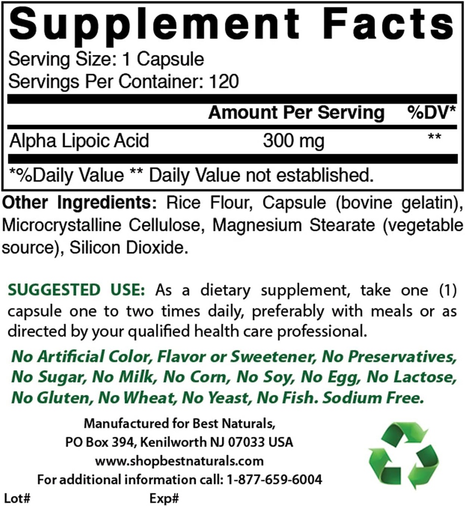 Bästa Naturals Alpha Lipoic Acid 300 mg & Magnesium Glycinate 425 mg