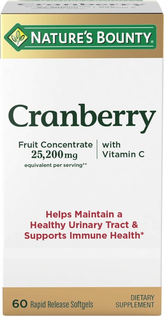 Nature's Bounty Cranberry Dietary Supplement, Tukee virtsateiden ja immuuniterveyden, Softgels, 25,200 Mg, 60 Ct