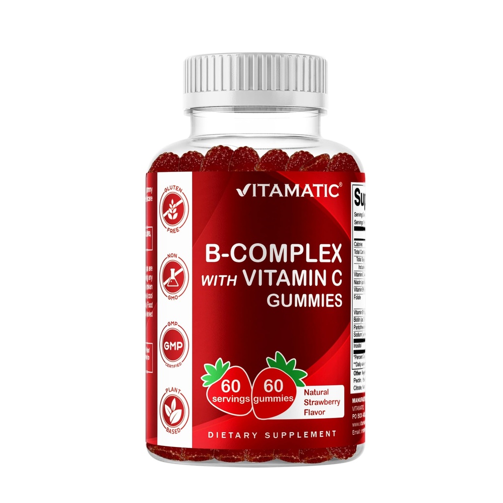 Vitamiini B-vitamiini Complex Gummies C-vitamiinin ja inositolin - luonnollinen mansikka maku - 60 Gummies (1 pullo)