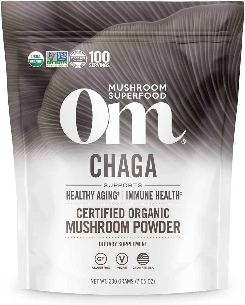 OM MUSHROOM SUPERFOOD Chaga Organic Mushroom Powder, 7.05 Ounce Pouch, 100 Tarjoilut, US Aikuinen, pyhä antioksidantteja & Immuuni tuki, Superfood Mushroom Supplement