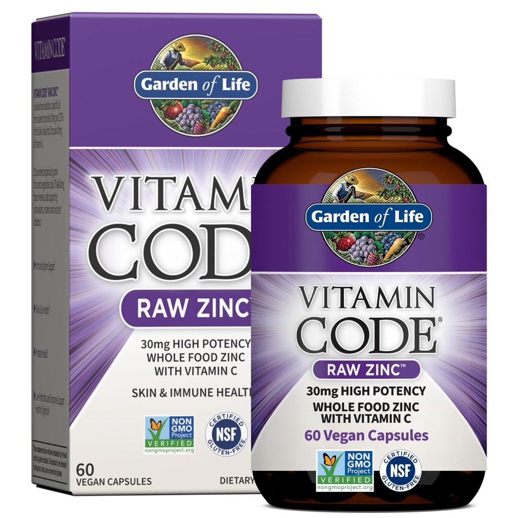 Garden of Life Zink kompletterar 30 mg hög styrka rå Zink och vitamin C Multimineral Supplement, Vitamin Code Vitamins Trace Minerals & Probiotics för hudhälsa och immunsupport, 60 Vegan Capsules