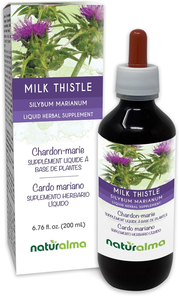 Naturalma Milk Thistle (Silybum marianum) Hedelmät ja yrtit Alkoholiton Tincture - 6,76 fl oz Liquid Extract in Drops - Herbal Supplement - Vegan
