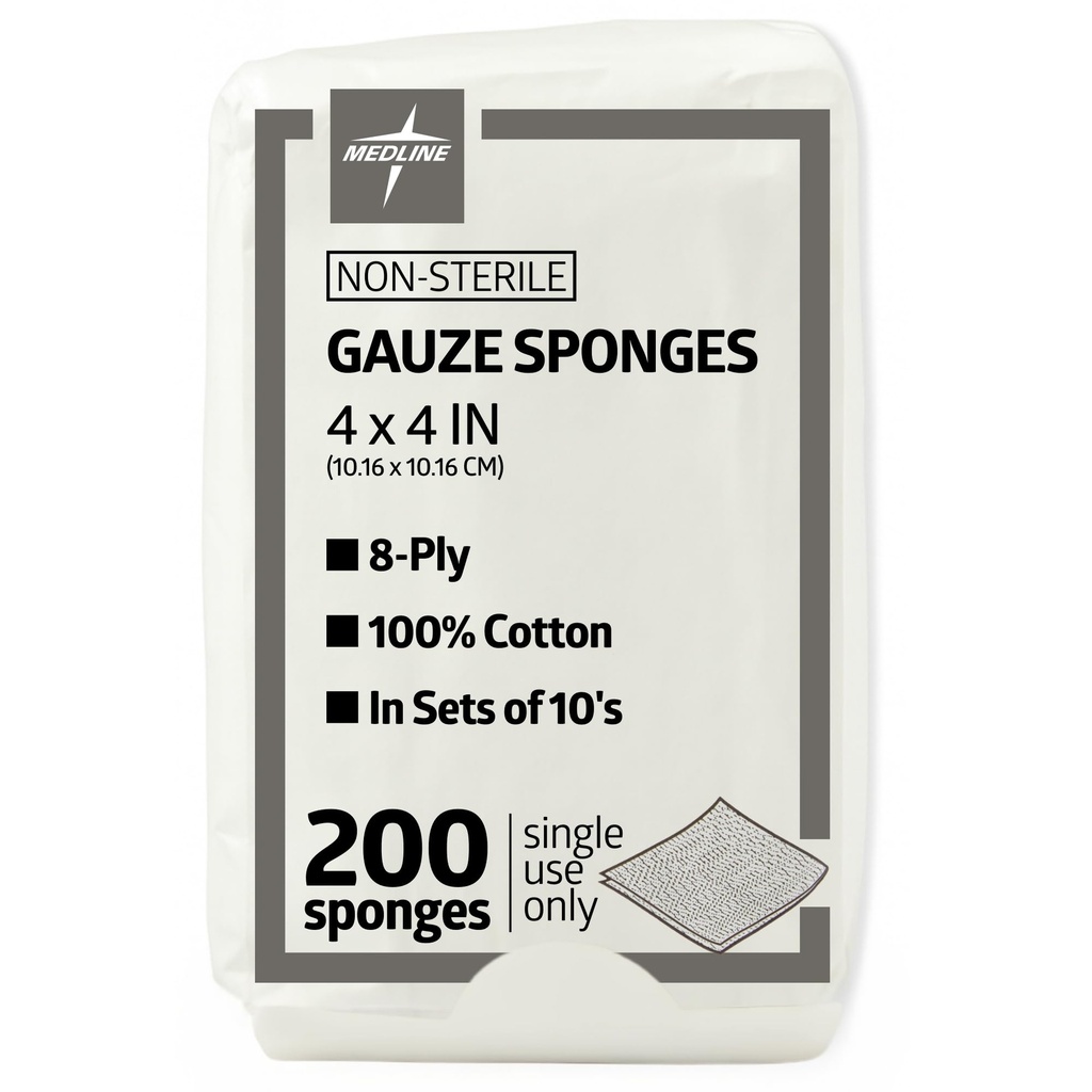 Medline 4 x 4 tuuman Gauze Sponges, ei-steriili 8-Ply kudottu laattoja, 100% puuvilla, ihanteellinen Haavapuku, Haavojen hoito, Yleinen ensiapu käyttöä, Pakkaus 200