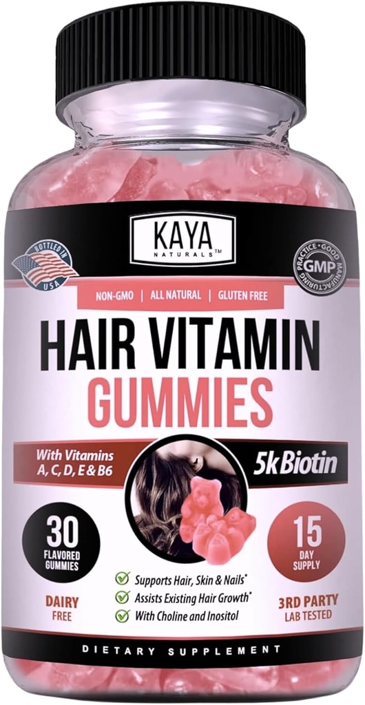 Kaya Naturals hiusten kasvua Gummies - Biotin 5000mcg vitamiinit terveille hiuksille, iholle ja kynnet - Kauneus täydentää naisille tai miehille - 30 Count - Mustikka maku