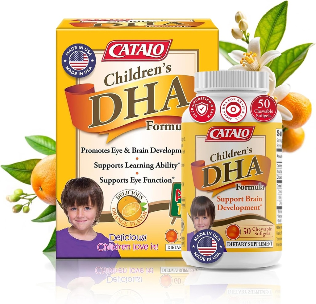 CATALO Lasten DHA Formula Fish Oil Lisäravinteet, Pureskeltavat Softgels, 200mg DHA per Serving, Omega-3, Natural Orange Flavor lapsille, aivojen toiminta & silmien kehitys, helppo ottaa, 50 Softgels
