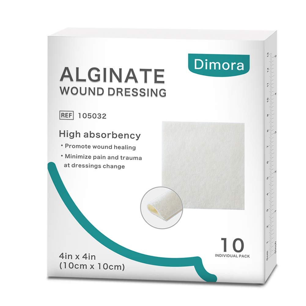 Dimora Calcium Alginate Wound Dressing, 4'' x 4'' Patches, 10 Individuella Sterile Pads, Mjuk och Högt Absorbent Dressing Gauze, Non-Stick Padding