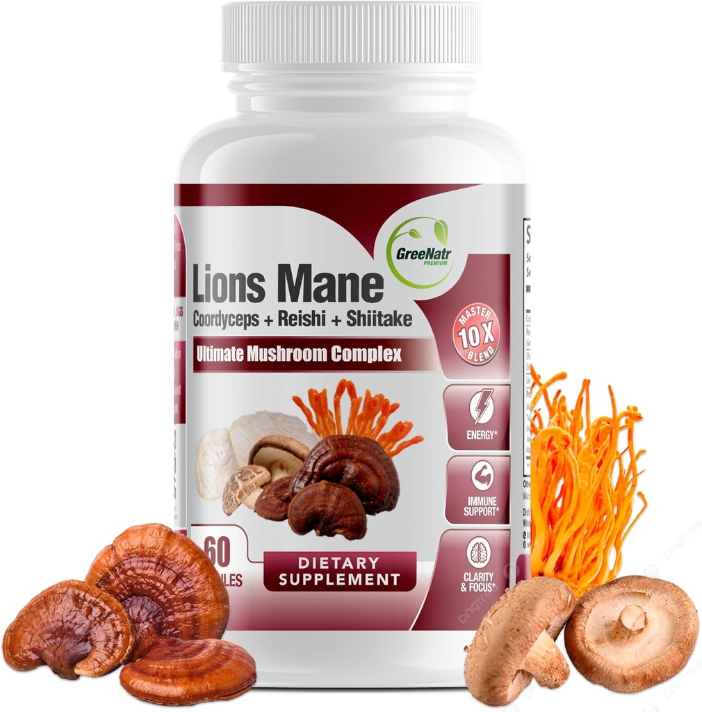 GreeNatr Complete Mushroom Supplement -10 i 1 Komplex med Lions Mane, Cordyceps, Shiitake, Chaga, Turkiet Tail för immunstöd, minne, fokus och naturlig energibooster - 60 kapslar (1 flaska)