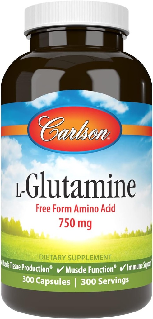 Carlson - L- glutamiini, vapaa Aminohappo, 750 mg, lihaskudostuotanto, 300 kapselia