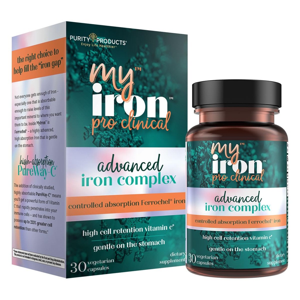 MyIron ProClinical by Purity Products - Iron (Ferrous Bisglycinate Chelelate) + Vitamin C (PureWay-C) - Gentle på magen - Kontrollerad absorption - Främjar hälsosamma röda blodceller - 30 greve (1)