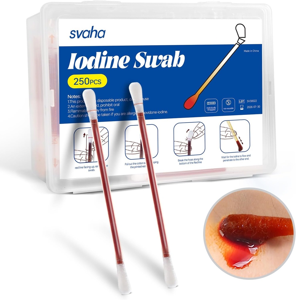 Svaha Povidoni Jodi Swabsticks - 250 Sticks Yksittäin käärittynä, Jodiratkaisu julkaistu, ei kuivaamista, täydellinen haavahoitoon, ensiapupakkaukset, matka- ja ulkokäyttöön