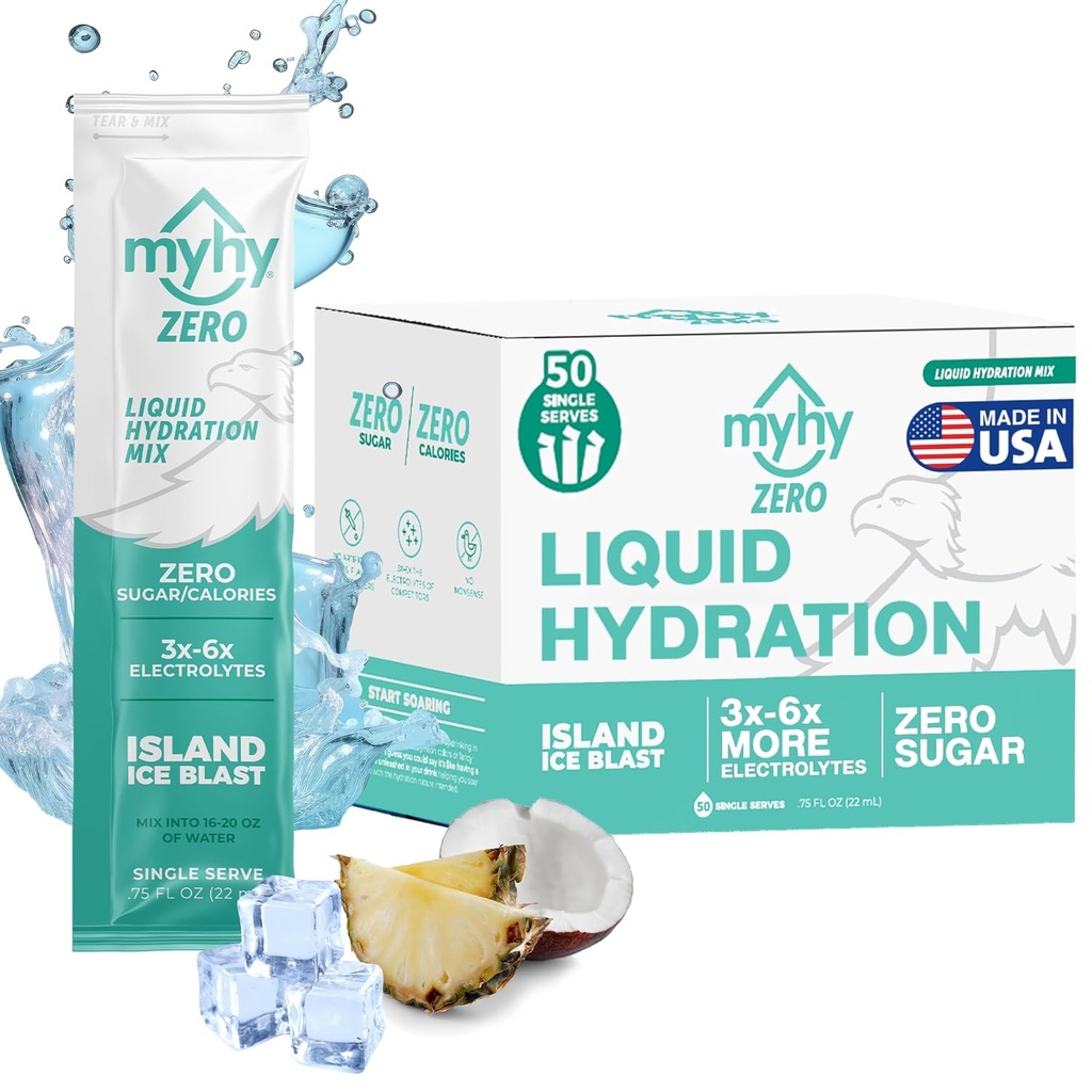 MyHy ZERO Liquid Hydration Packets, Sokeriton Elektrolyytti Drink Mix for Hydration Support, Dehydration Relief for Travel, Raskaus, Kuntoilu, Polttari ja polttari Juhla - Jääsaari, 50 kreivi