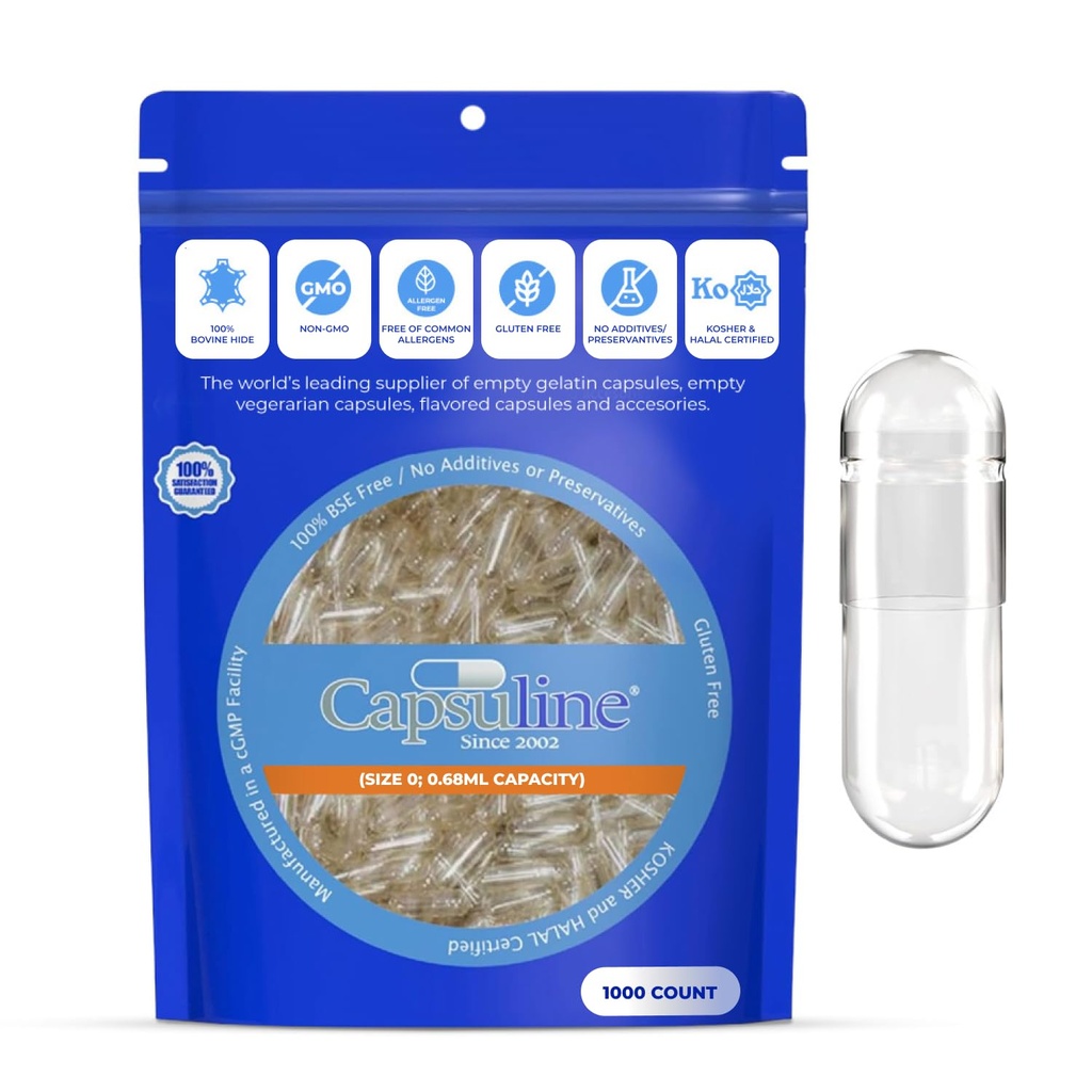 Capsuline Koko 0 Tyhjä Liivate Kapselit, Kirkas - 1000 Kreivi . Gluteeniton, Kosher, ei-GMO-sertifioitu.
