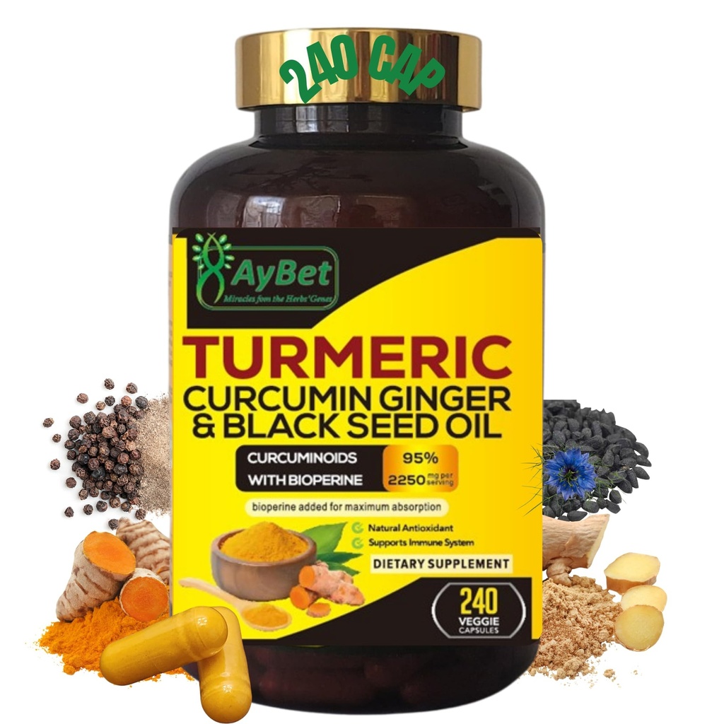 World 1st.Turmeric Curcumin Ginger & Black Seed Oil, 240 Caps, 2250mg, 95% Curcuminoids, BioPerin Added, Extra Strength, Organic, Halal, Vegan, Support Immune System, Antioxidant, Joint Support
