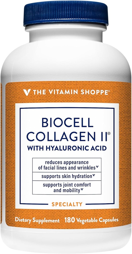 Vitamiini Shoppe Biocell Collagen II kanssa Hyaluronic Acid 1000mg - edistää terve iho, nivelet ja Cartilage - Tukee Hydraation & Elasticity - Daily Wellness (60 kasvikapselit)