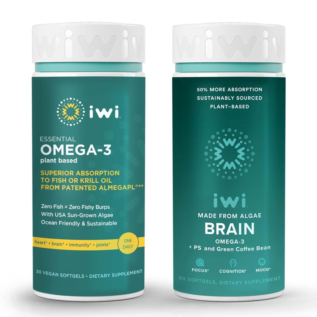 Iwi Omega-3 Essential & Brain Omega-3 Bundle, 30 Servings, Vegan Plant-Based Algae Omega 3 EPA + DHA, Krill & Fish Oil Alternative, No Fishy Aftertaste