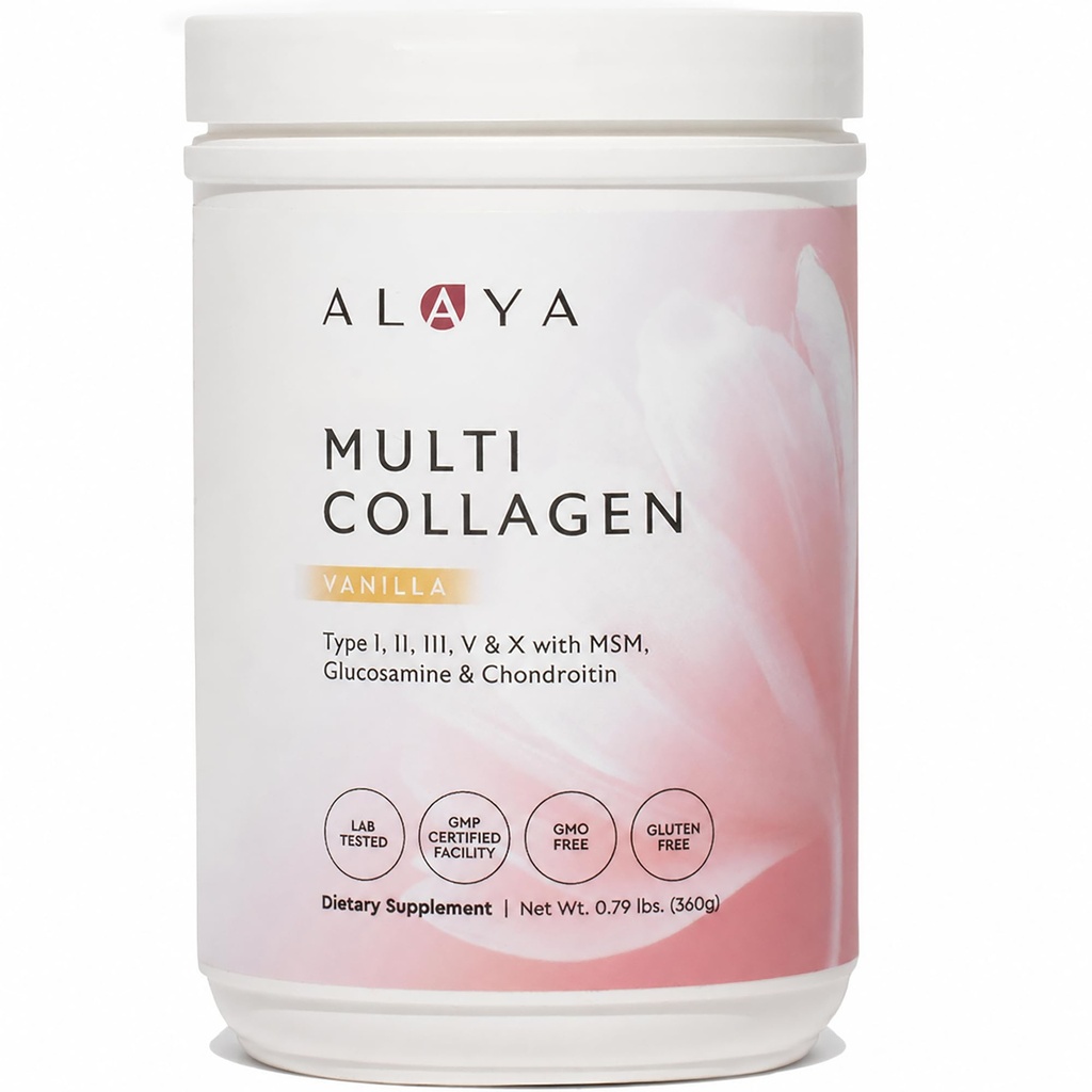 Alaya Multi Collagen Powder - tyyppi I, II, III, V, X Hydrolysed Collagen Peptides Protein Powder Supplement MSM + GC (Vanilla)