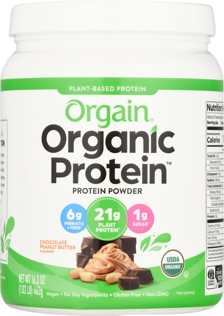 Orgain Organic Vegan Protein Powder, Chocolate Peanut Butter - 21g Plant Based Protein, Low Net Carbs, Non Dairy, Gluten Free, Lactose Free, No Sugar Added, Soy Free, Kosher, 1,02 Pound