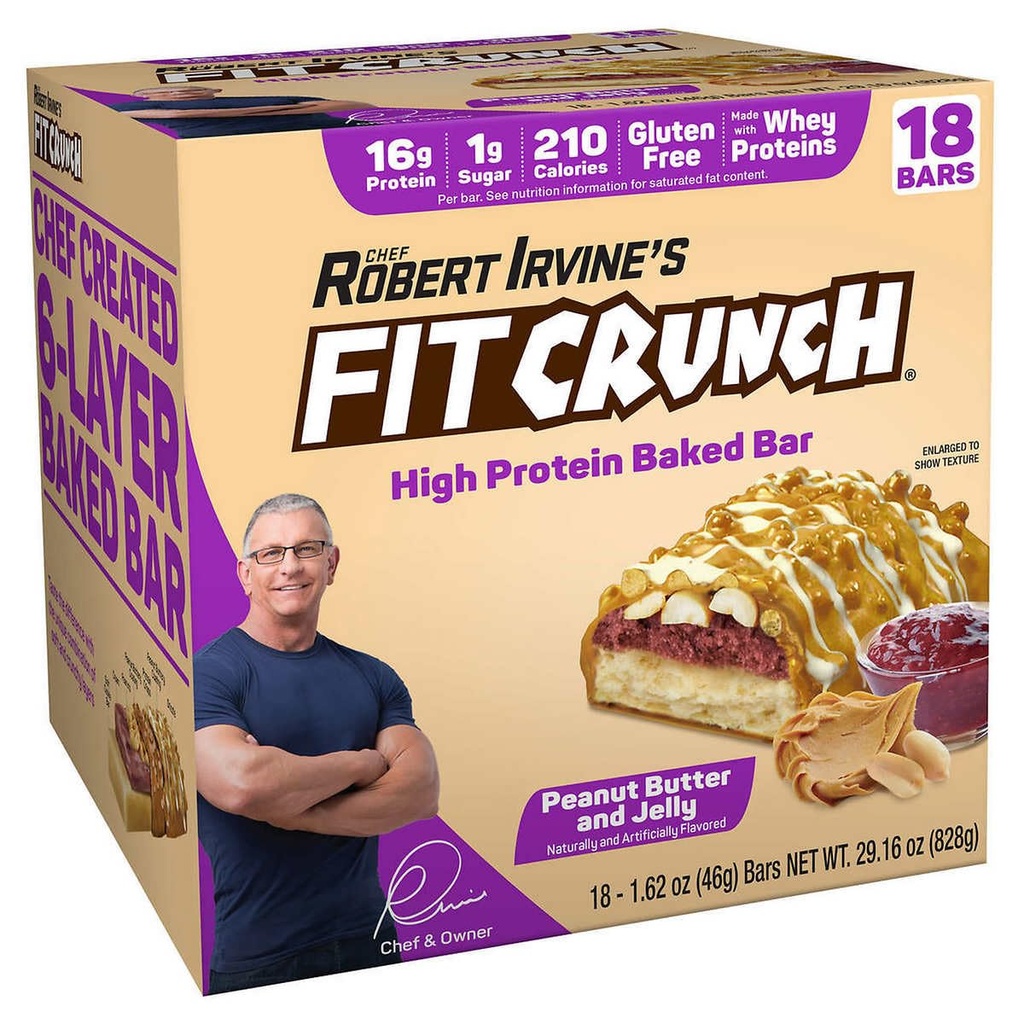 FITCRUNCH Välipalakoko Proteiinipatukat, 6-layer paistettu baari, 1 g sokeria, gluteeniton ja pehmeä kakku ydin (18 Bars, maapähkinävoi ja hyytelö)