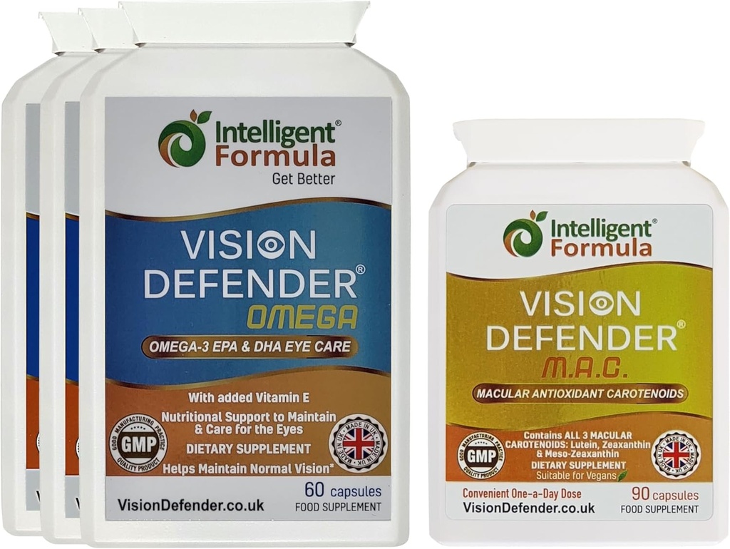Vision Defender MAC & Omega Everyday General Eye-Health Bundle (90 päivän tarjonta). Silmävitamiinit täydentää sisältää karotenoidit luteiini, zeaksantiini, Omega-3 (DHA, EPA). Made in UK by Eye Specialists