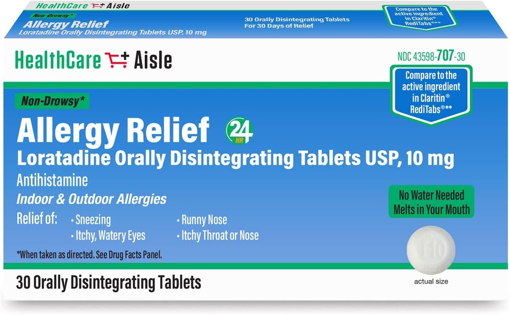 HealthCareAisle Allergia Relief - Loratadine 10 mg Suun kautta hajoavat tabletit USP - 30 tablettia - Alkuperäinen reseptin vahvuus Allergialääkkeet, 24 tunnin hoito