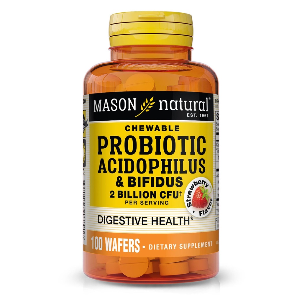 MASON NATURAL Probiootti Acidophilus Bifidus, 50 päivän tarjonta, tukee terve Normaali digestio, Mansikka maku, 100 puruvesi