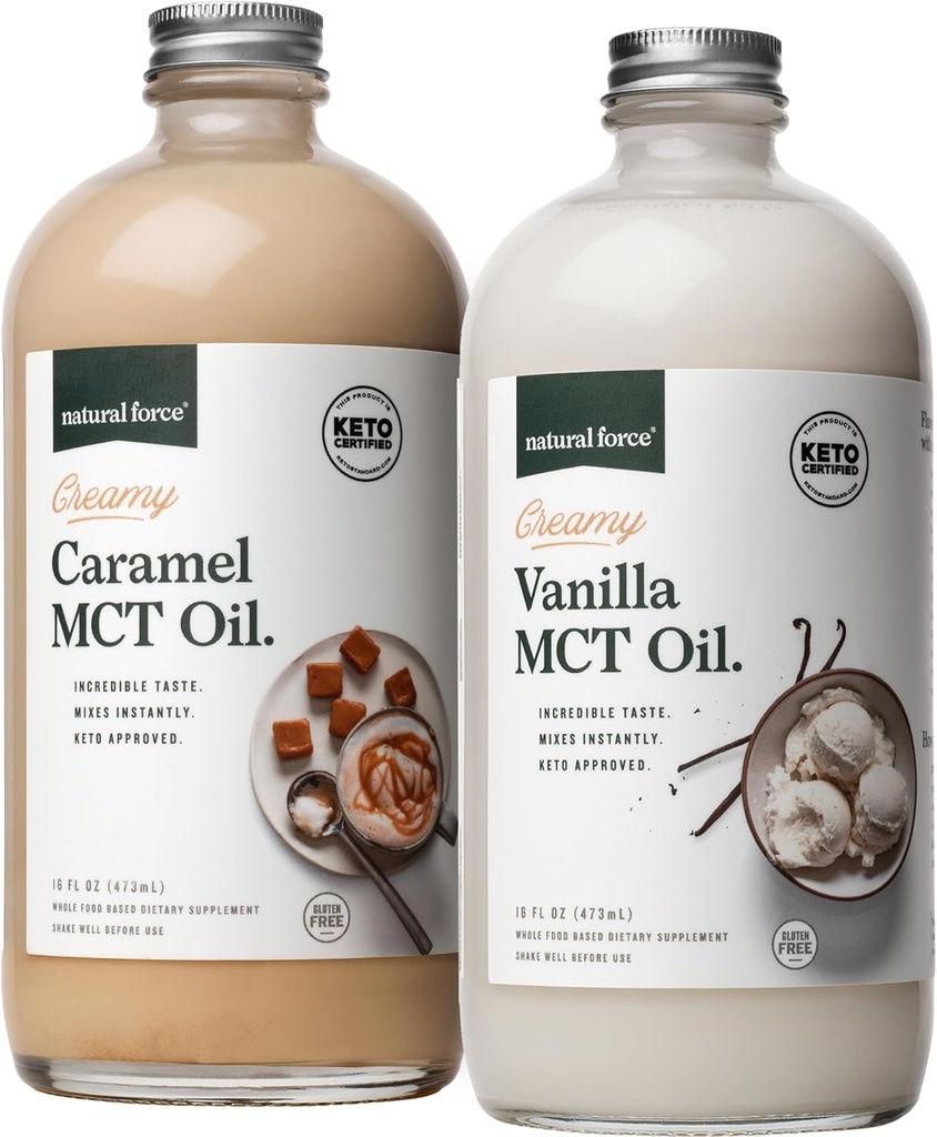 Luonnollinen voima Kermainen vanilja + kermainen karamelli MCT öljy Bundle ... Gluteeniton, ei-muuntogeeninen, emulgoitu maku MCT Organic Coconuts Keto, Paleo ja Vegan 2x 16 Ounce lasipullot