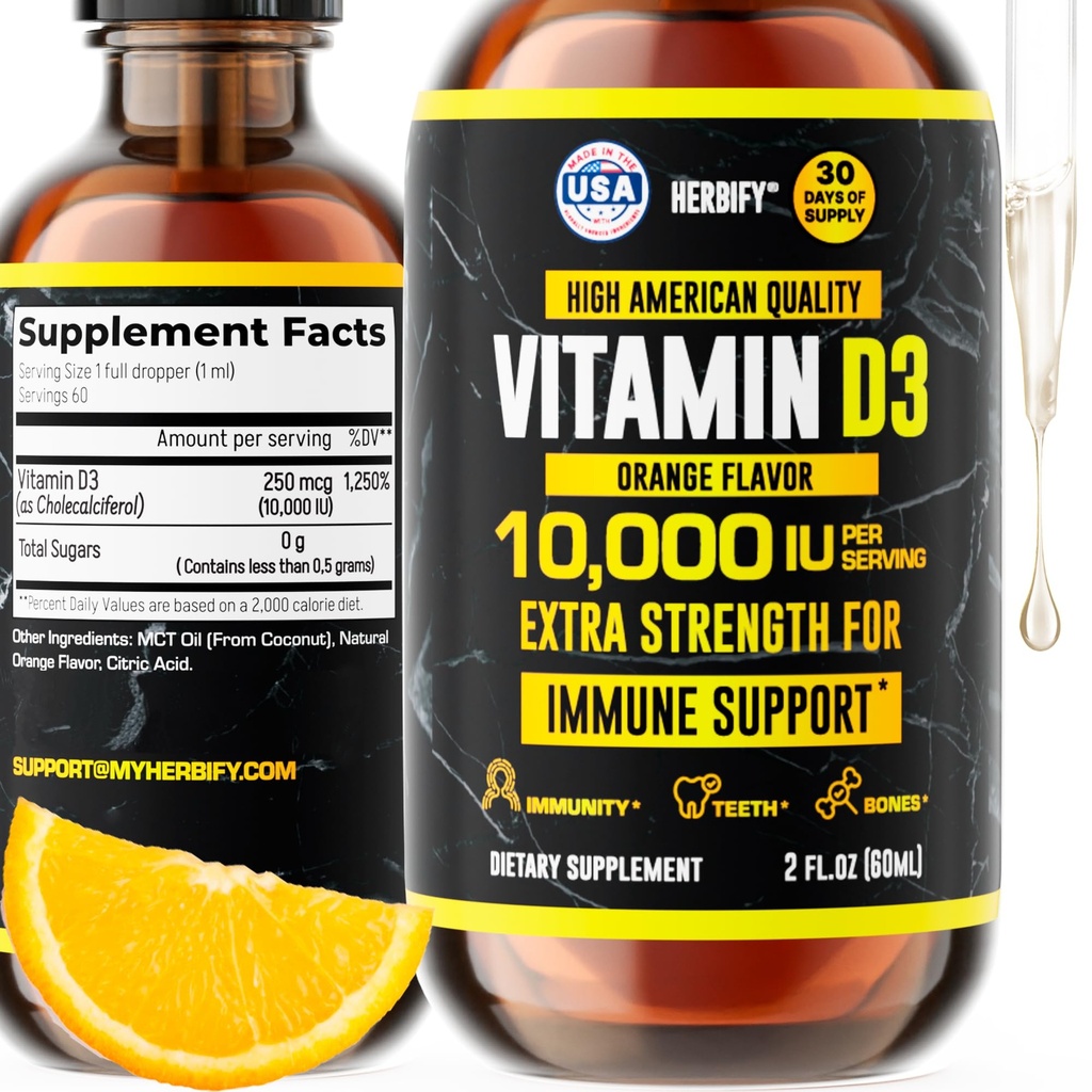 HERBIFY Vitamin D3 10000 IE - Made in USA Liquid Vitamin D Drops - Bone Strength and Immune Support Supplement - Sunshine Replacement - D3 Vitamin Bone and Teeth Supplement - 2 Oz