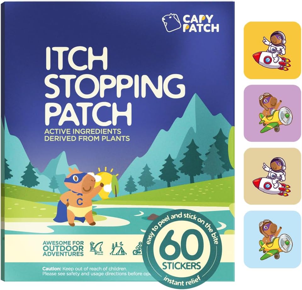 CAPY Bug Bite Citch Relief Patchs for Kids - 60 Count, Travel & Camping Essentials, Hydrokortisoni Vaihtoehtoinen, Kutistus Relief Stickers for Mosquito & Bug Bites