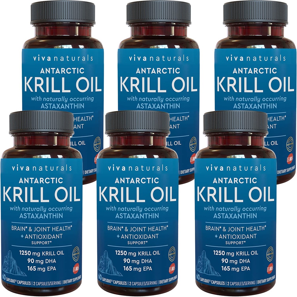 Viva Naturals Antarctic Krill Oil 1250 mg, Omega 3 EPA DHA och Astaxanthin, Joint Support och Brain Supplement med Antioxidant Properties, No Fishy Aftertaste (Pack of 6)