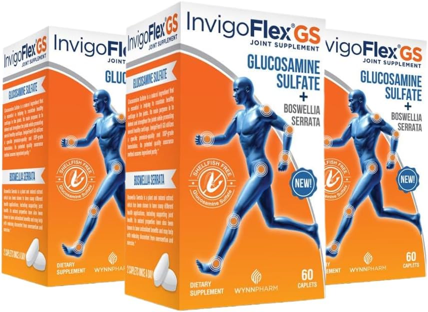 INVIGOFLEX Glukosamiinisulfaatti (Shellfish Free, Sodium Free & Vegetarian Safe) Ei GMO:ita, Gluteeniton - Boswellia Serrata - Premium Joint Supplement GS - 3 Pack