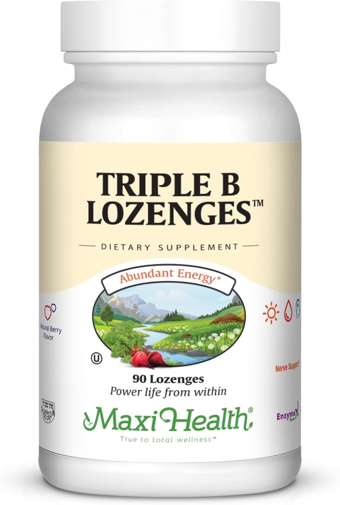 Maxi Health Triple B Lozenges - B12-vitamiini & B6 & Biotiini - Mansikkamaku - 90 Chewies - Kosher