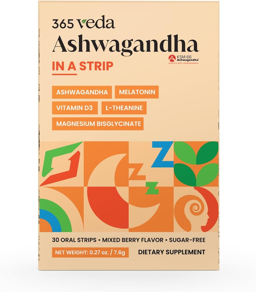 Ashwagandha Oral Strips 100 mg KSM 66 Ashwagandha, L-Theaniini, melatoniini, D3-vitamiini ja magnesium, Vegan Strip miesten ja naisten, sokeriton, ei-GMO, 30 suun kautta nauhat (Berry)