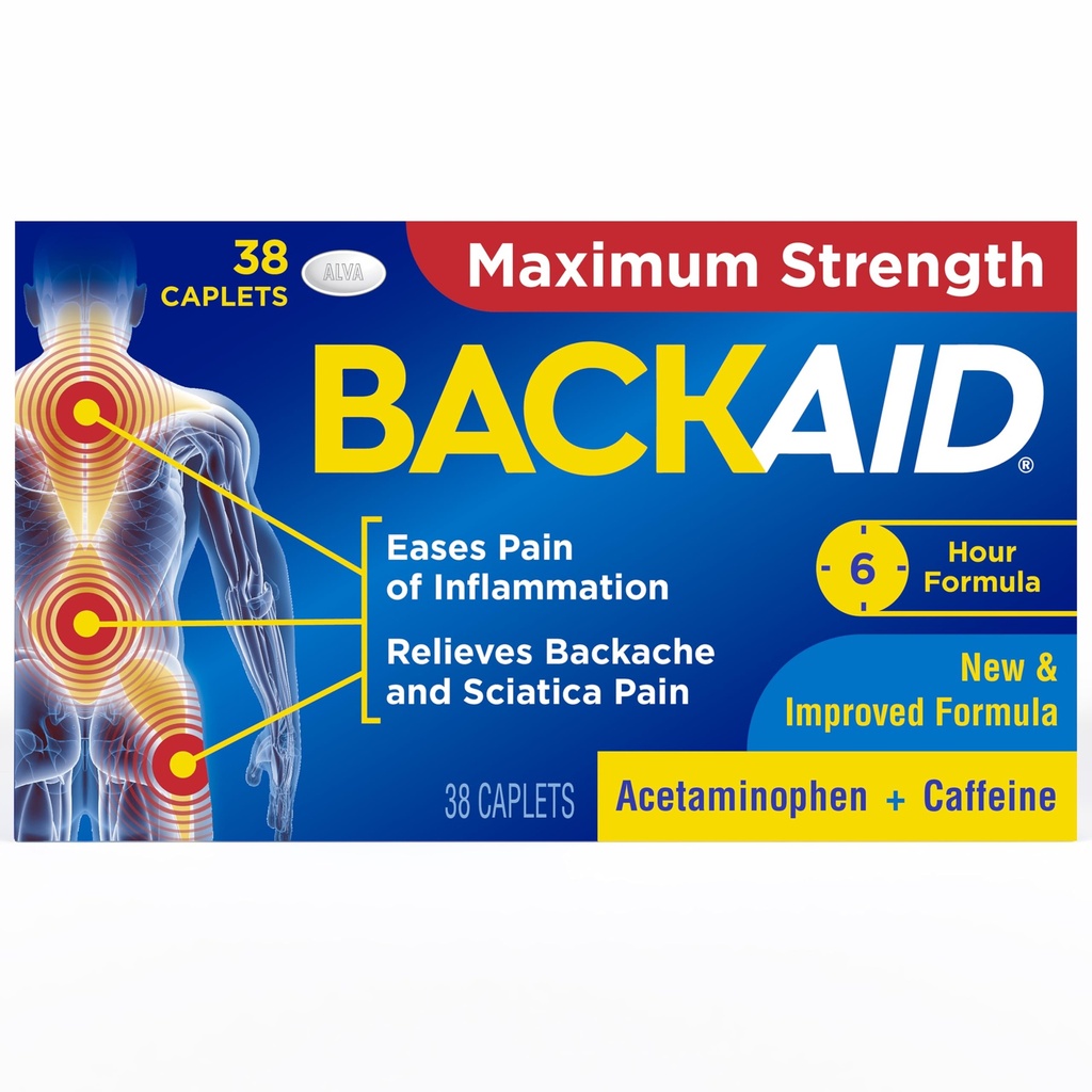 Backaid Maximum Strength Aspirin-Free Pain Relief från Backache, Sciatica och Leg Pain, Powerful Combination, Long-Lasting 6 Hour Formel, 38 Count