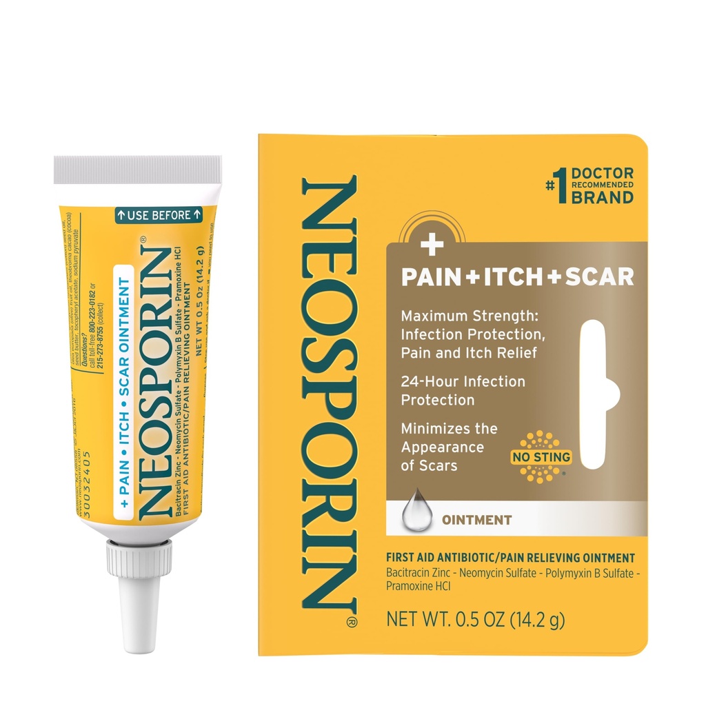 Neosporin Antibiotic Pain-Relieving, Anti-Itch, & Scar Appearance Minimizer Ointment med Neomycin & Bacitracin Zinc, 24-timmars Infection Protection för Minor Cuts, Scrapes & Burns,.5 oz