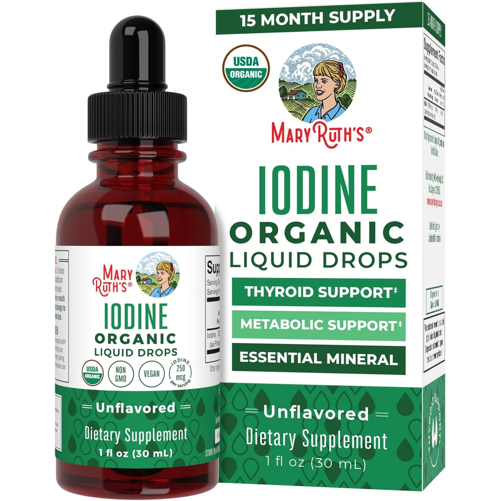 MaryRuth Organics jod flytande droppar | kaliumjodid | 1 års leverans | 450 portioner | Thyroid hälsa | USDA Organic | Vegan | Non-GMO | Glutenfri | 1 Fl Oz