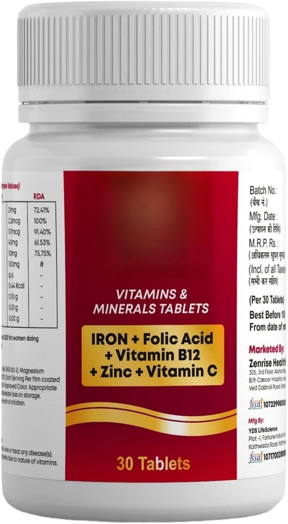 Iron B12 FOLIC Acid VIT C for Healthy Energy, Stamina, Immuniteetti (pakkaus 1, 30)