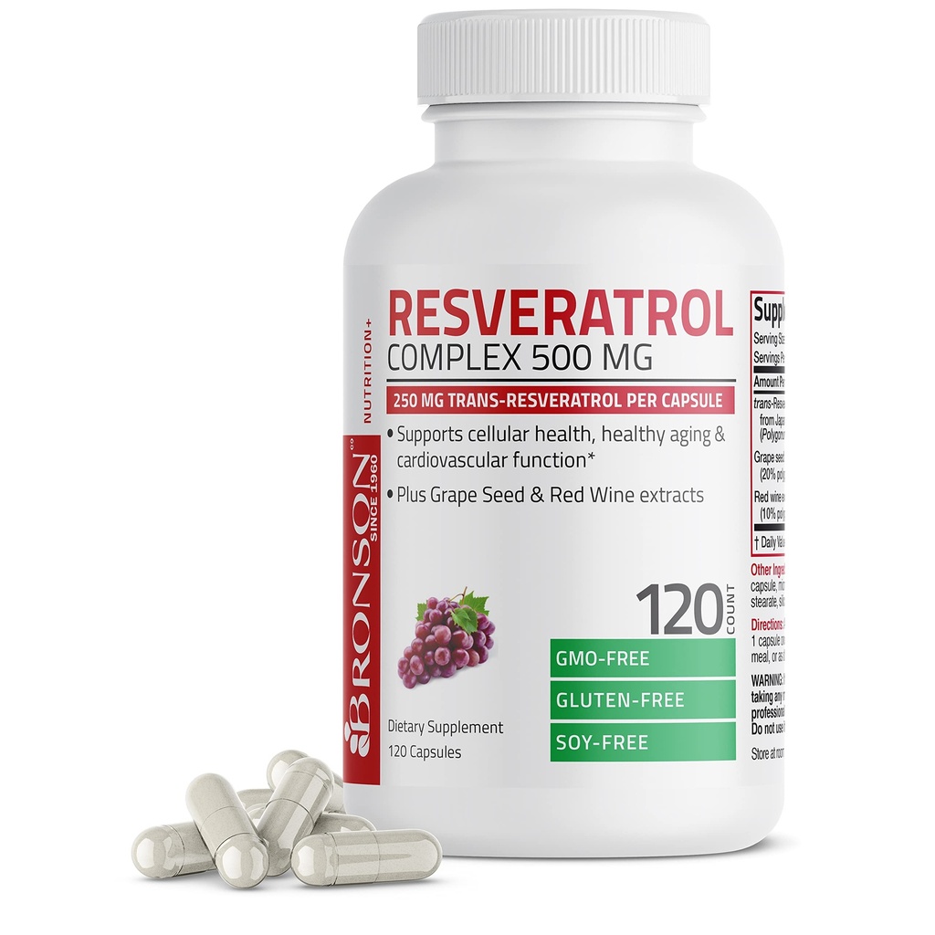 Bronson Resveratrol 500 Complex Standardized Trans-Resveratrol + Grape Seed & Red Wine Extract, 120 kapslar