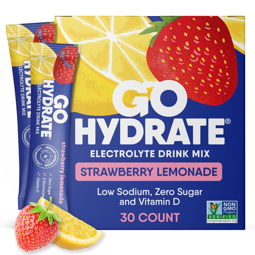 GoHydrate Low Sodium Electrolytes Powder Packets Sugar Free - Instant Hydration Daily Drink Mix - Zero Sugar Water Flavor Packet Singles D-vitamiini - (Strawberry sitruunaa, 30 pakkausta)